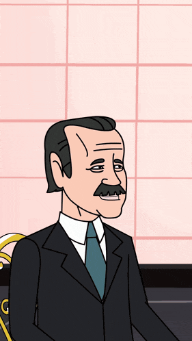 a cartoon drawing of a man with a mustache wearing a suit and tie