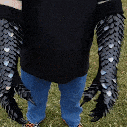 a person wearing a black shirt and blue jeans is standing in the grass holding a pair of black gloves