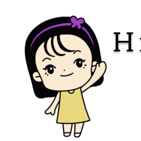 a cartoon girl with black hair and a purple flower in her hair says hi