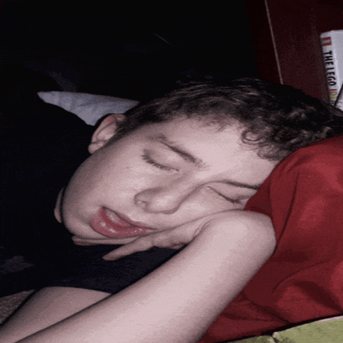 a young man sleeping with a lego book in the background