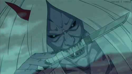 a drawing of a demon with a knife in his mouth and the words tumblr below