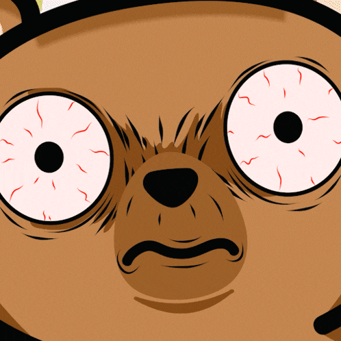 a close up of a cartoon bear with big eyes