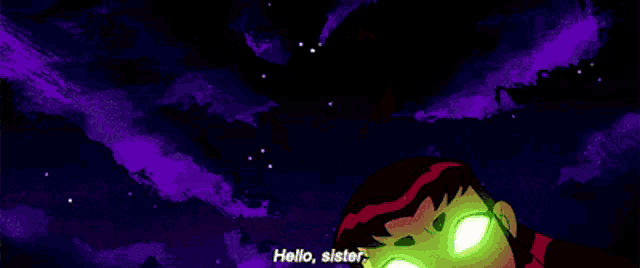 a cartoon character says hello sister in a purple background