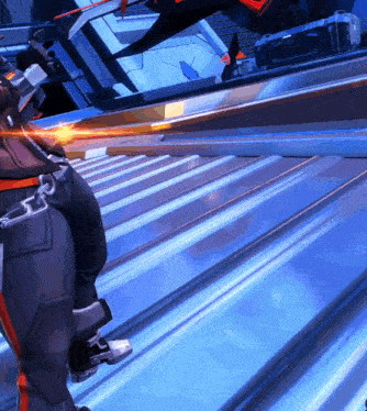 a video game character is standing on a roof with a gun