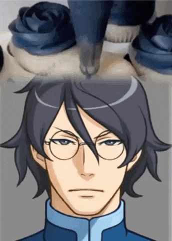 a cartoon of a man with glasses and blue hair