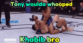 two men are wrestling in a cage and the caption says tony woulda whooped khabib bro