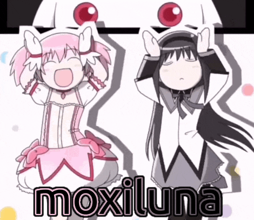 two anime characters are standing next to each other with the word moxiluna written in black