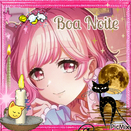 a girl with pink hair is in a pink frame with a candle and a black cat