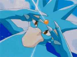 a blue cartoon character is holding a red object