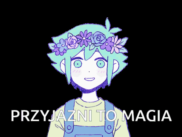 a cartoon character with a flower crown on his head with the words przyjazni to magia below him