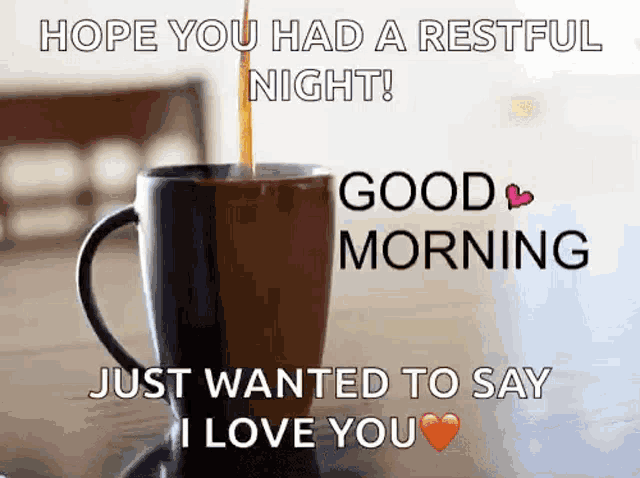 a cup of coffee with the words `` hope you had a restful night ! ''