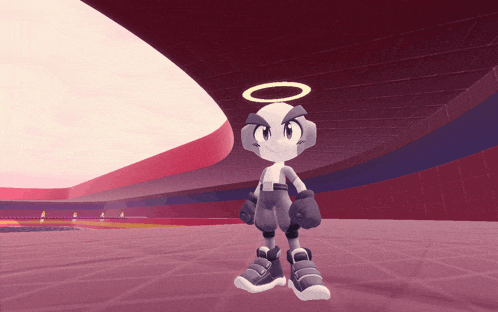 a cartoon character with a halo on his head stands in a pink room