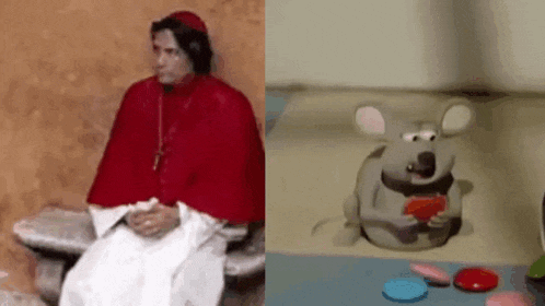 a man in a red cape is sitting next to a cartoon mouse