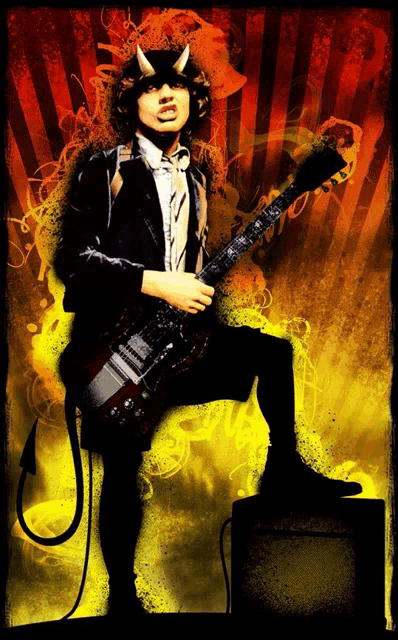 a man with horns is playing a guitar in front of a yellow and red background