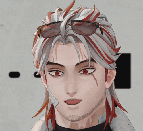 a close up of a man 's face with red eyes