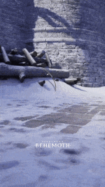 a brick wall with a pile of logs and the word benemoth on the ground