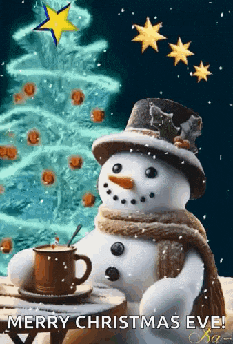 a snowman is sitting at a table with a cup of coffee in front of a christmas tree ..