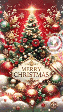a merry christmas greeting card with a christmas tree and ornaments