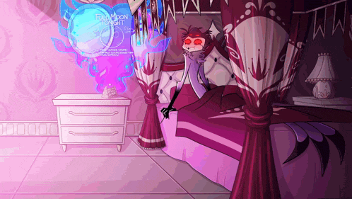a cartoon character is laying in a bed with a full moon tonight sign above him