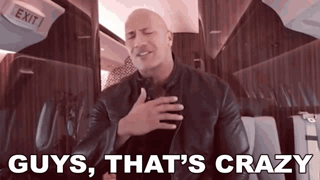 a bald man in a leather jacket says guys that 's crazy on a plane