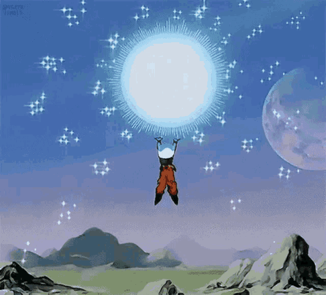 a cartoon character is flying through the air with a huge ball of light behind him