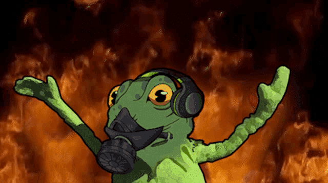 a frog wearing headphones and a gas mask stands in front of flames