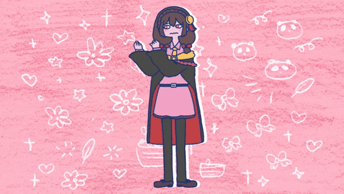 a drawing of a girl on a pink background with hearts and flowers