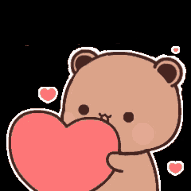 a cartoon teddy bear is holding a heart in its mouth