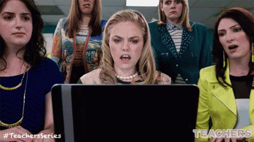 a group of women are looking at a laptop with the words teachers series on the bottom right