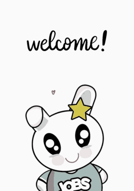 a cartoon rabbit with a star on its head is wearing a blue shirt that says jobs