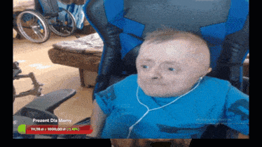 a man wearing headphones is sitting in a chair with the words prezent dia mamy on the bottom right