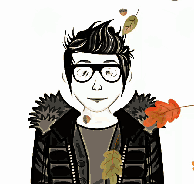 a black and white drawing of a man wearing glasses and a fur jacket