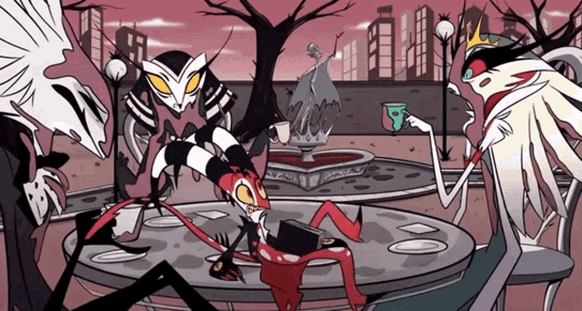 a group of cartoon characters are sitting around a table with a fountain in the background