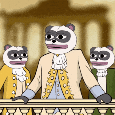 a cartoon of three panda bears standing on a balcony with a building in the background