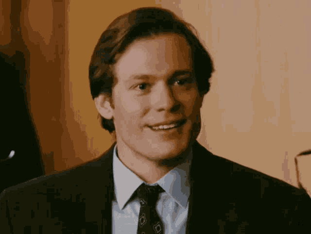 a man in a suit and tie is smiling while looking at the camera .