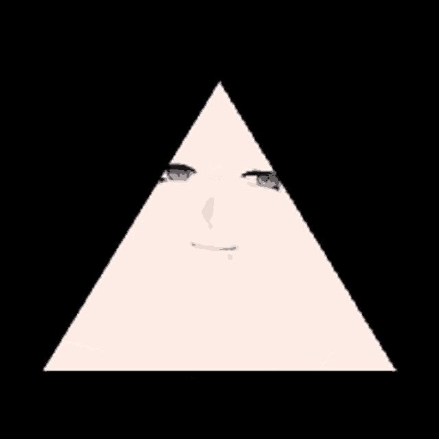 a white triangle with three faces on it on a black background