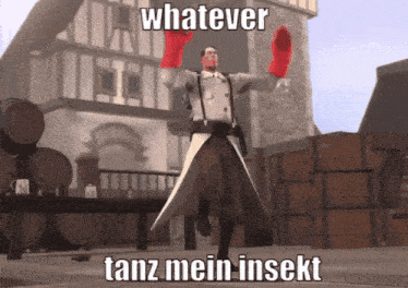 a man in a white coat is dancing in front of a building with the words " whatever tanz mein insekt " on the bottom