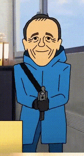 a cartoon drawing of a man in a blue jacket holding a gun