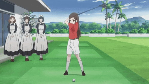 a girl in a red shirt swings a golf club at a ball
