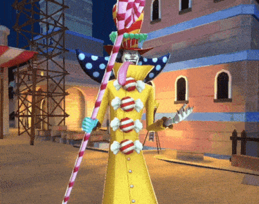 a cartoon character in a yellow coat holding a cane