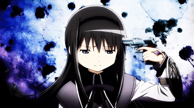 a girl with black hair is pointing a gun at her head
