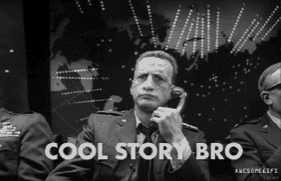 a black and white photo of a man talking on a phone with the words cool story bro written below him .
