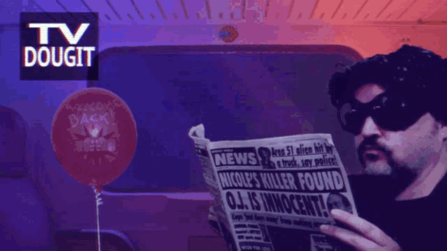 a man is reading a newspaper with a speech bubble that says stupid