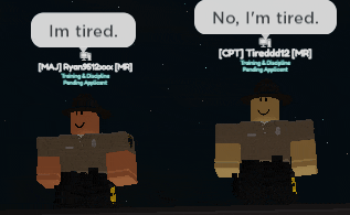 two roblox characters are talking to each other with one saying i 'm tired