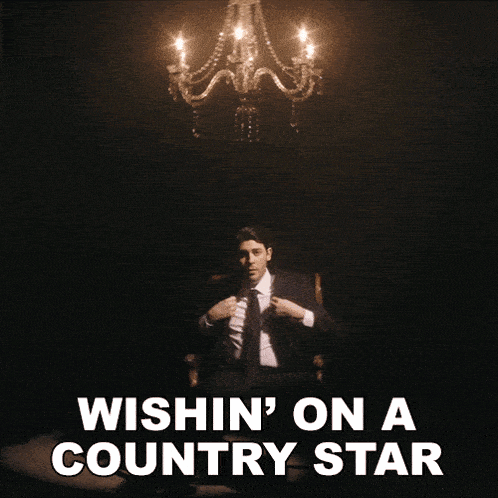 a man in a suit and tie sits under a chandelier with the words wishin ' on a country star