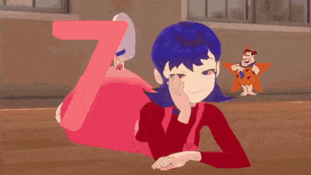 a girl in a red dress is laying on the floor next to a number 7