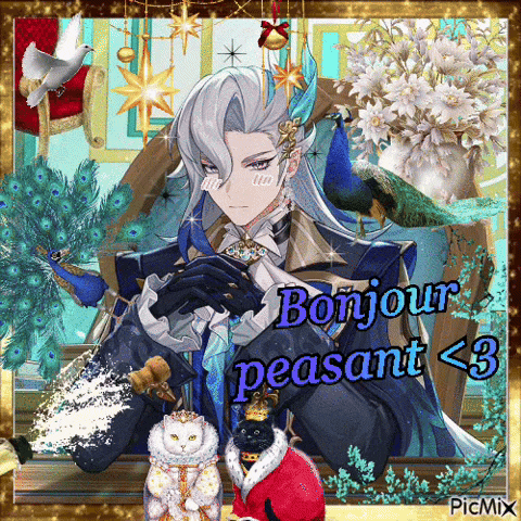 a picture of a man with peacocks and a black cat with the words bonjour peasant < 3