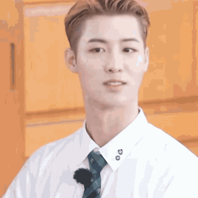 a young man wearing a white shirt and tie looks at the camera .