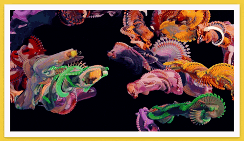 a yellow frame surrounds a painting of colorful flowers on a black background