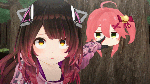 two anime girls are standing next to each other with one wearing a purple hoodie